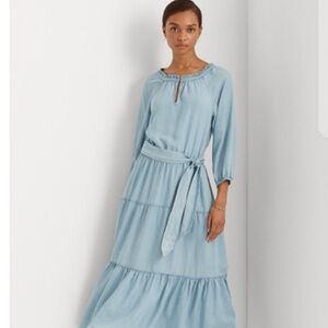 Lauren Ralph Lauren Women's Belted Waist Ruffle Denim Midi Dress Blue Size 4